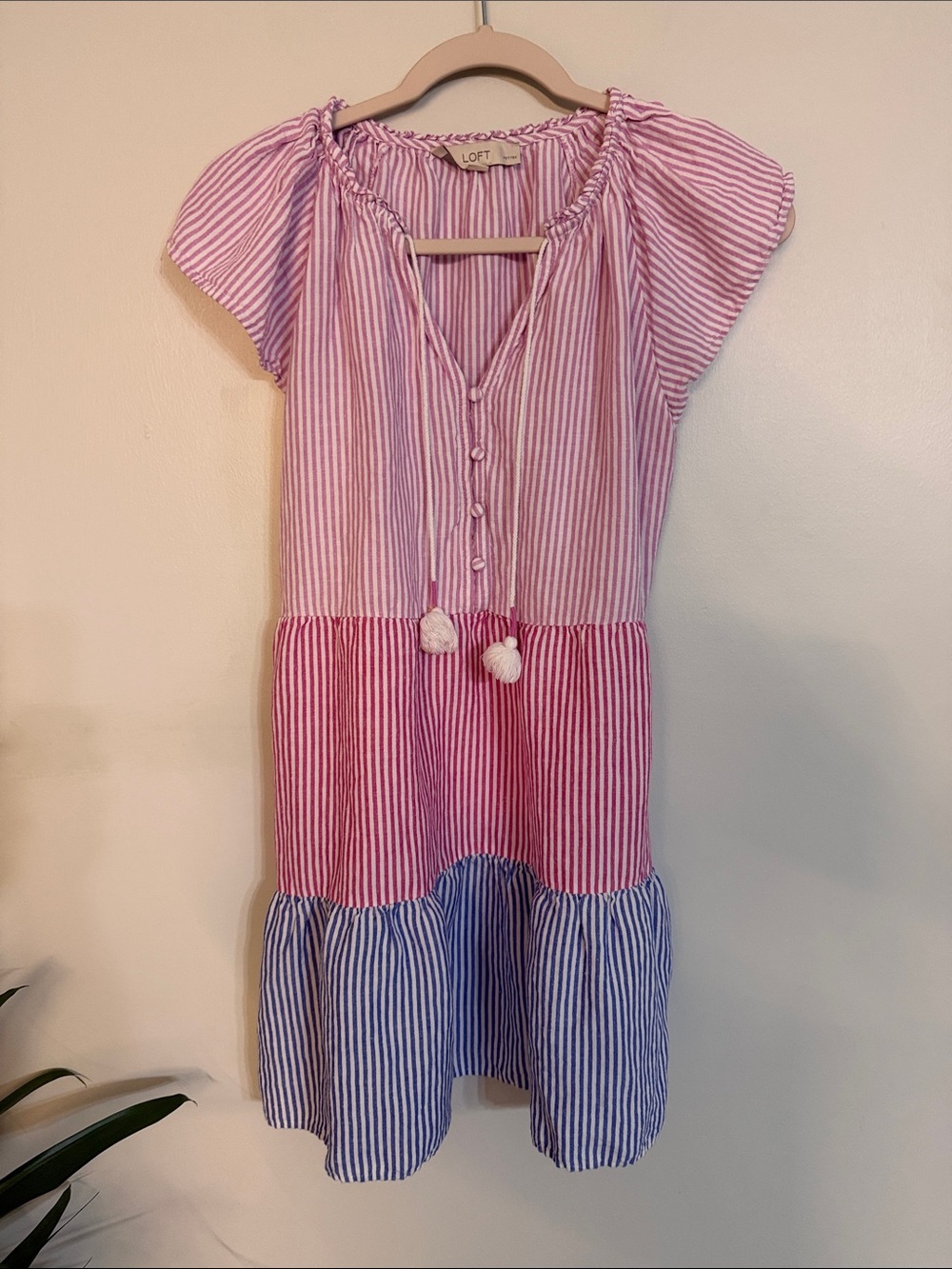 LOFT Pink and Blue Striped Tiered Dress with Tassel Detail